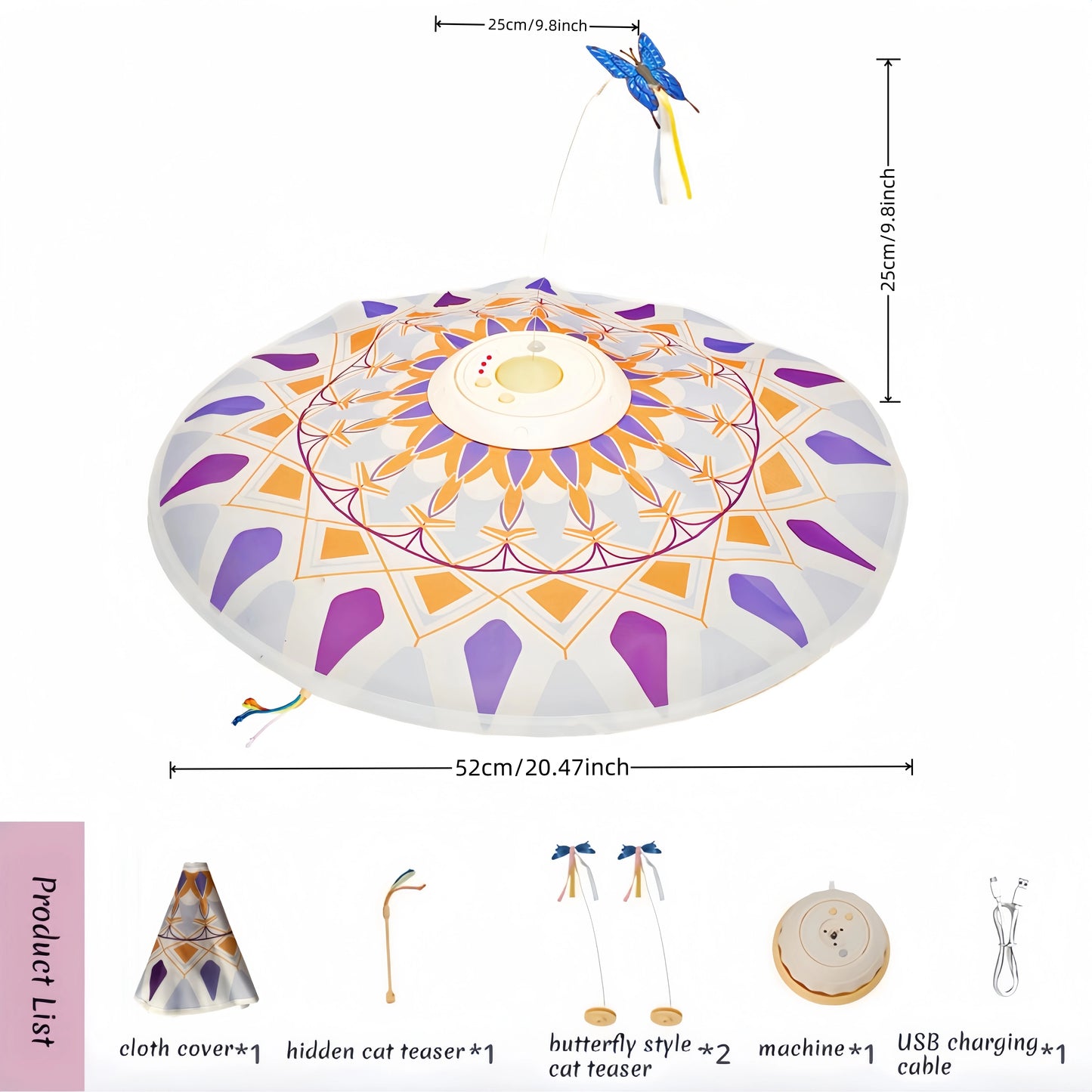 USB Rechargeable 3-in-1 Interactive Cat Teaser Toy 360° Rotating Feathers & Mandala Pattern,1200 battery capacity Plastic Design