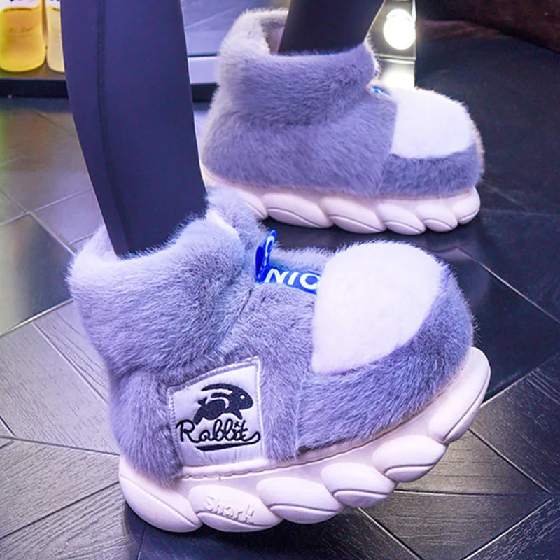 Purple plush platform slippers with soft lining for women