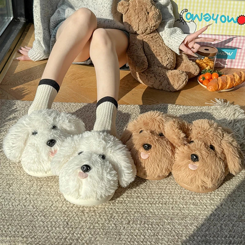 Fluffy Dog Plush Slippers for Women – Cute Cozy House Shoes
