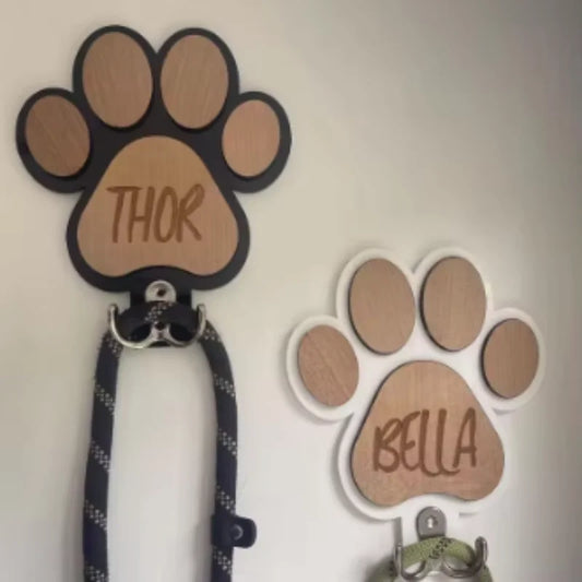 Custom wooden paw print dog leash hanger with personalized pet names