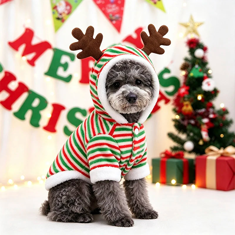 Christmas Reindeer Dog Hoodie Soft Flannel Warm Pet Two-Legged Clothes Xmas Cosplay Costume for Small Dog Cat