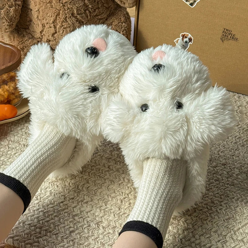 Fluffy Dog Plush Slippers for Women – Cute Cozy House Shoes