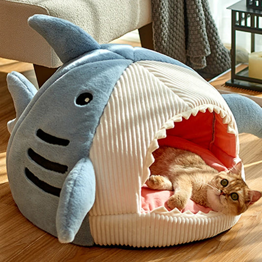 Shark shaped plush cat cave bed with cozy interior
