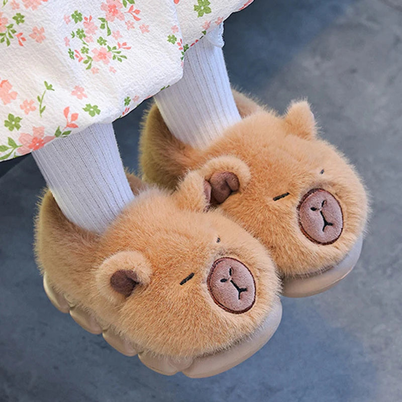 Children’s capybara plush slippers with cute animal face design