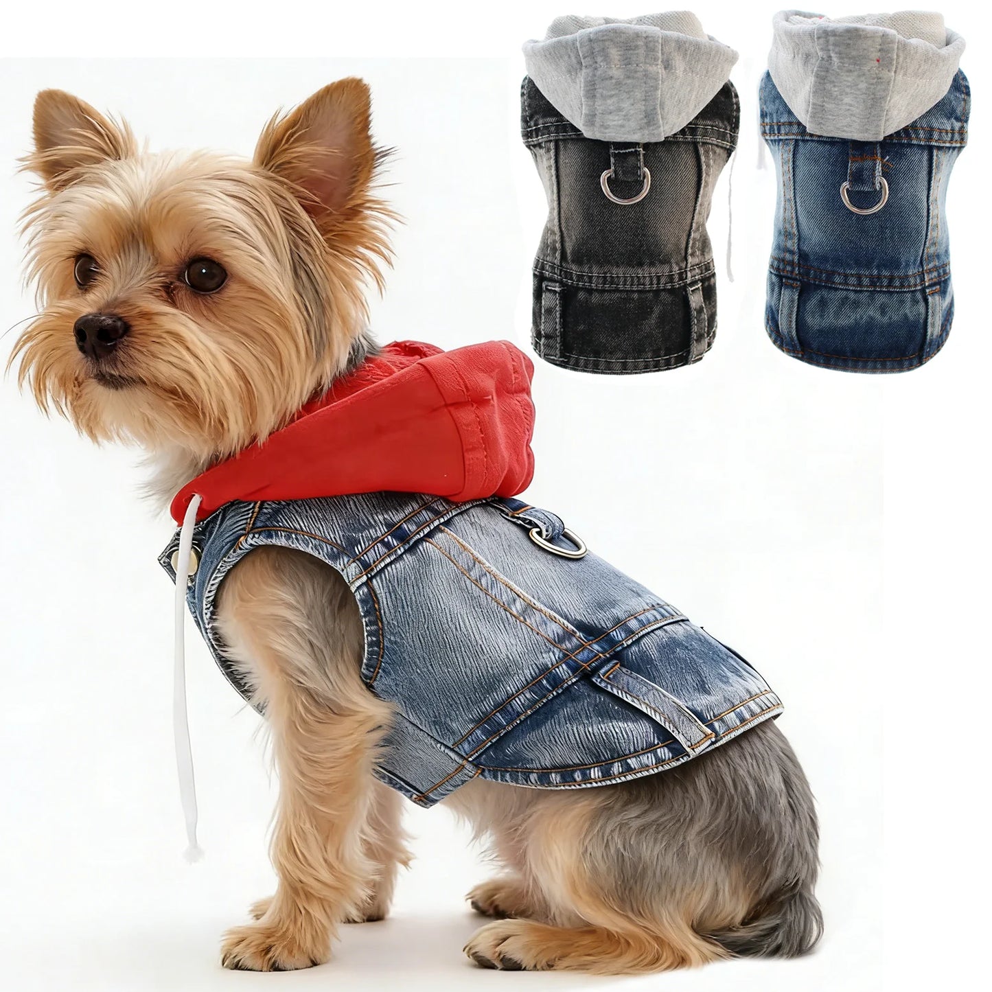Cool Dog Jean Jacket Vest with D-Ring Hoodies for Small Medium Dogs, Spring Dog Clothes Puppy Denim Harness Coat for Walking