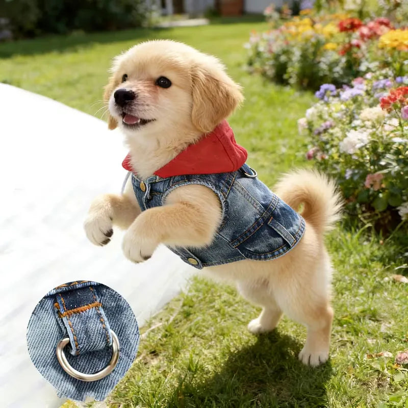 Cool Dog Jean Jacket Vest with D-Ring Hoodies for Small Medium Dogs, Spring Dog Clothes Puppy Denim Harness Coat for Walking