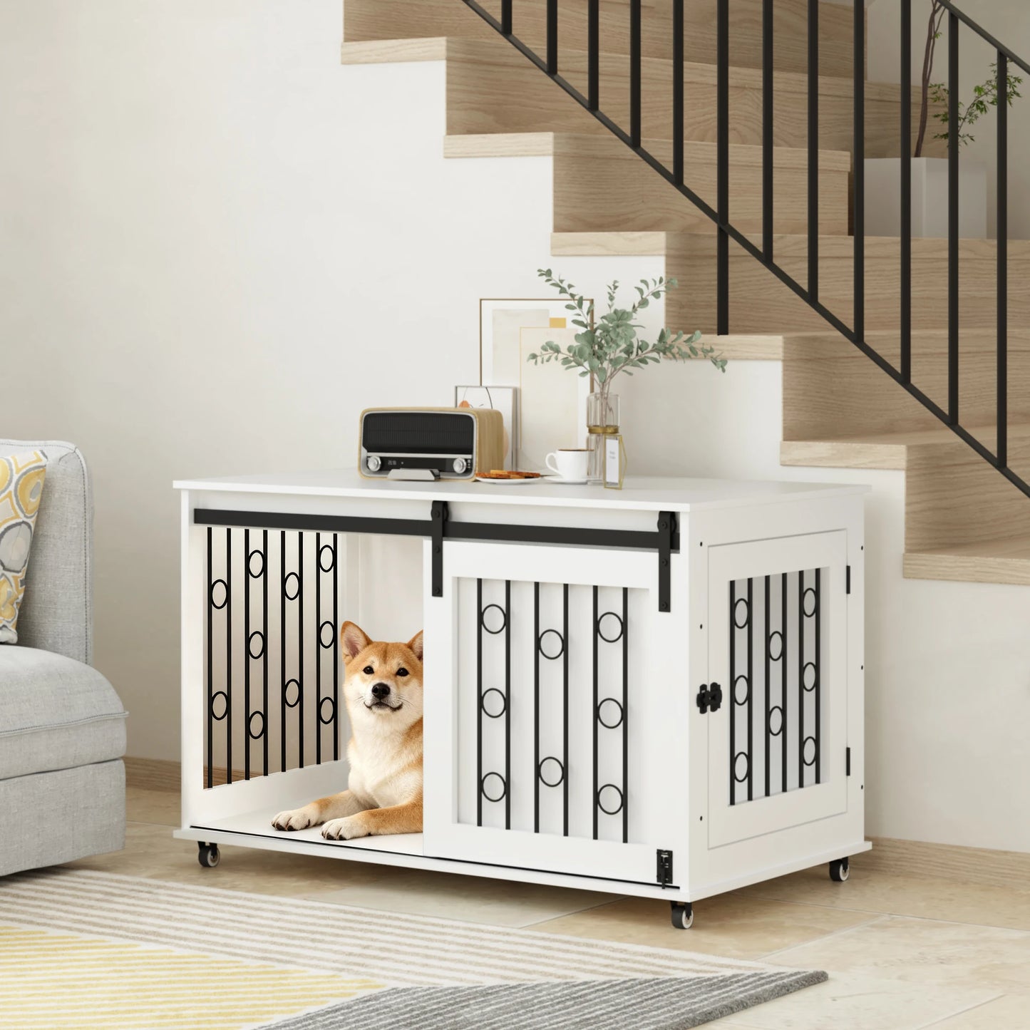 Modern Wooden Dog Crate Furniture End Table with Sliding Barn Door & Side Access, White Pet Kennel with Metal Bars & Lockable Wheels for Small Medium Dogs