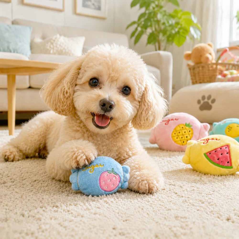 Cute Fruit Candy Plush Dog Toy with Squeaker Soft Washable Puppy Bite Toy Interactive Fetch Toy for Pets