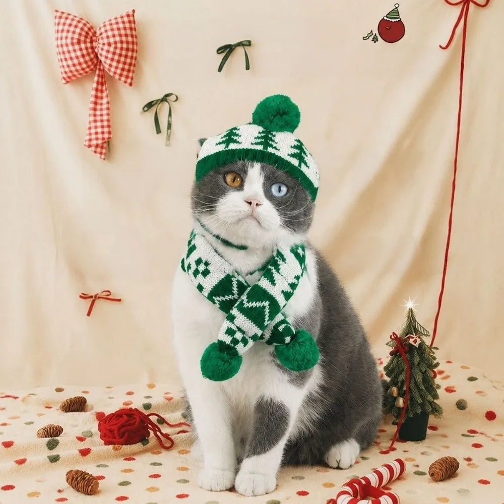 Snowflakes Cute Cat Dog Christmas Hat Scarf Green Red Warm Pet Dress Up Set Soft Adjustable Pet Knitted Suit Xmas Pet Costume
