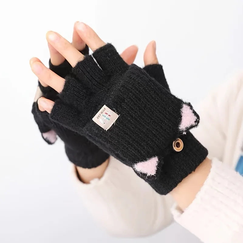 Women’s Cat Ear Fingerless Gloves – Cozy Winter Knit Hand Warmers
