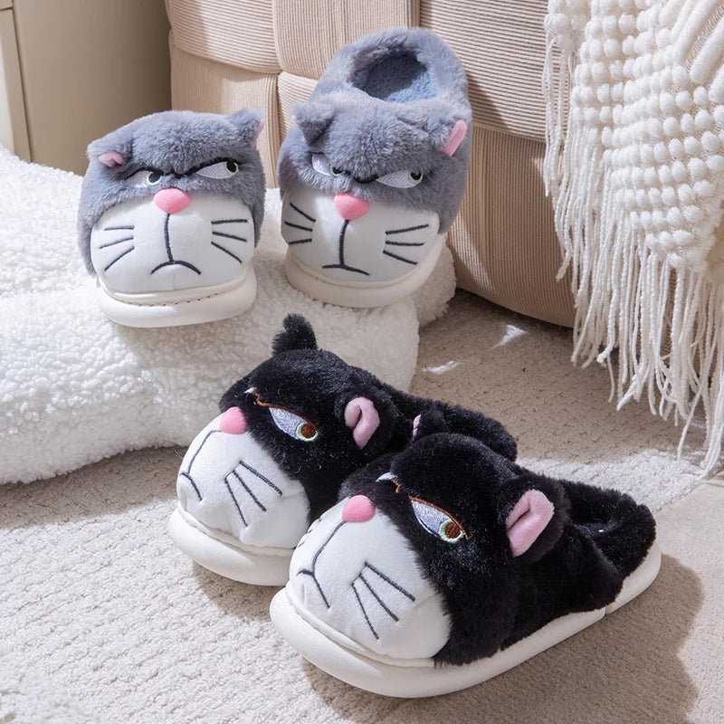 Gray and black cat plush slippers for women with cute animal faces