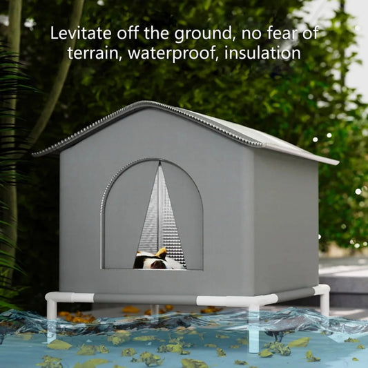 Elevated outdoor cat and dog house with weather-resistant shelter design