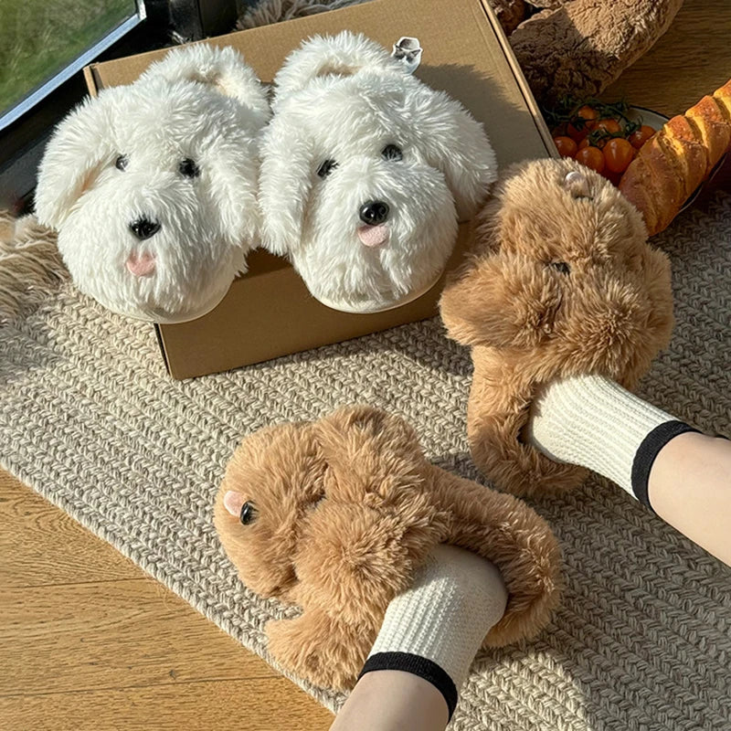 Fluffy Dog Plush Slippers for Women – Cute Cozy House Shoes