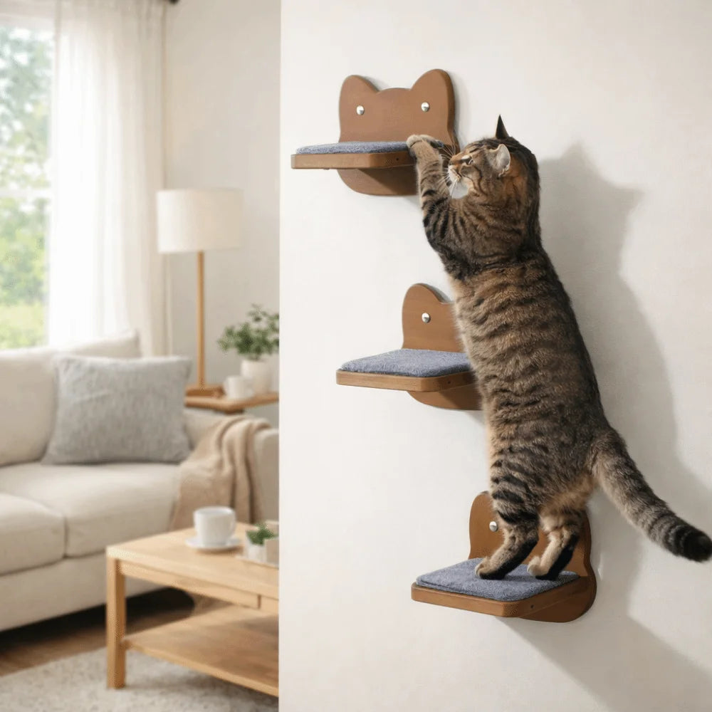 Wooden Cat Climbing Shelves Wear Resistant Scratching Pads Wall Mounted Cat Tree Floating Stairs Sturdy Cat Wall Shelves
