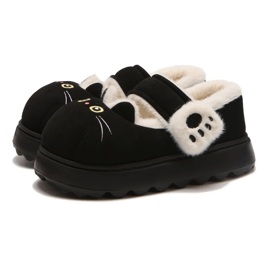 Black Cat Fuzzy Slippers for Women – Cute Plush House Shoes