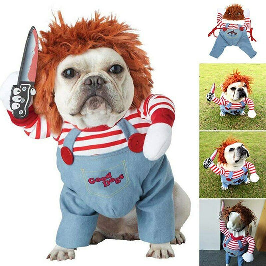 Dog wearing a scary doll Halloween costume with striped sleeves