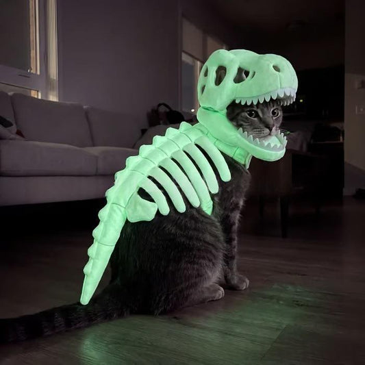 cat and dog wearing a green skeleton dinosaur Halloween costume