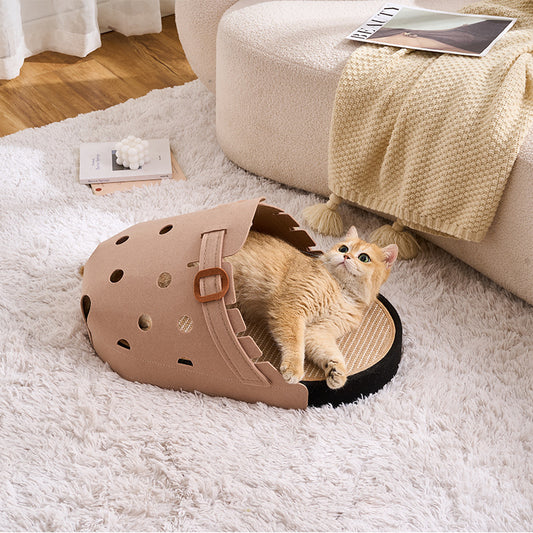 Cat scratch pad and cozy bed with curved lounge design