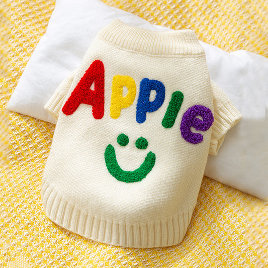 Cream knitted small dog sweater with colorful apple embroidery