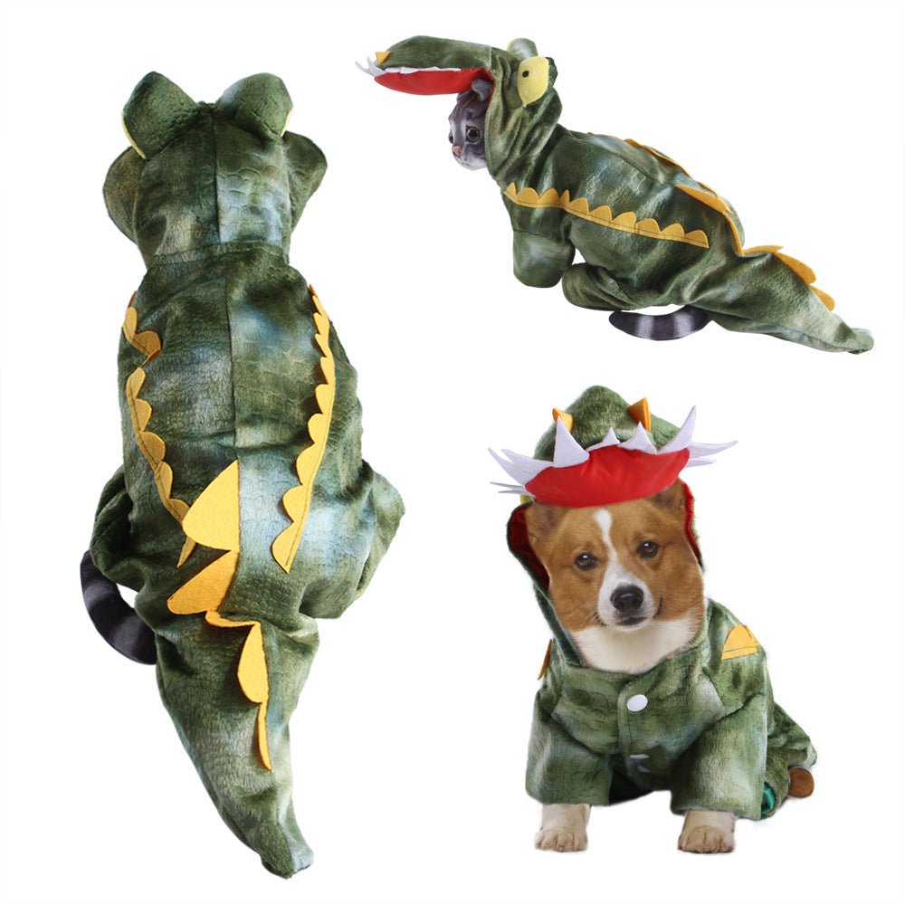 Green dinosaur costume for cats and dogs with cute cartoon design