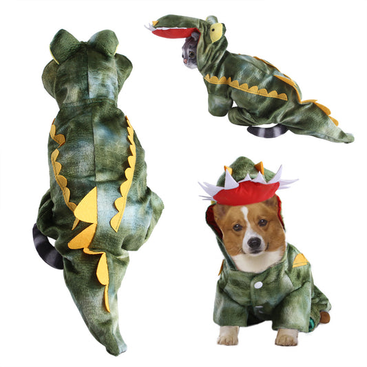 Green dinosaur costume for cats and dogs with cute cartoon design