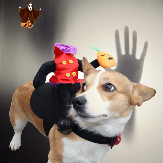 Dog wearing a spooky headless man Halloween costume